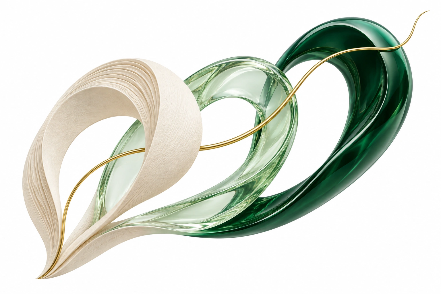 Tre forme intrecciate in carta bianca, vetro verde e materia smeraldo, unite da un filo dorato.