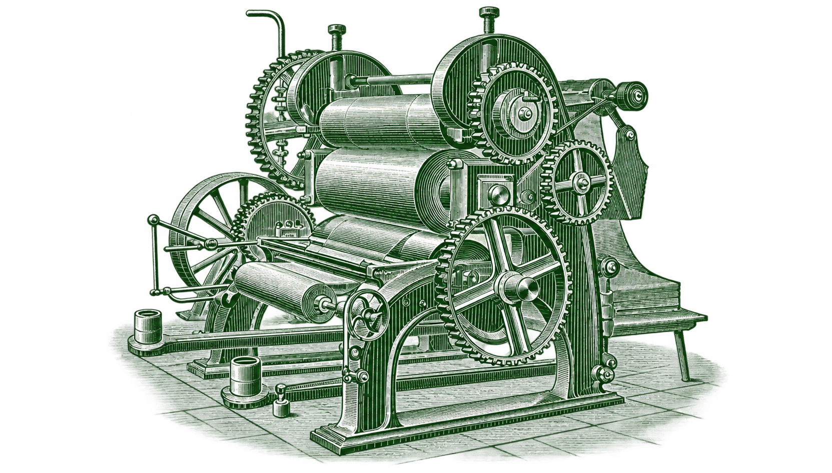 Macchina per la lavorazione della carta a tre cilindri, illustrazione d'epoca del 1875.